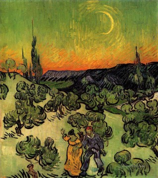  Walking Art - Landscape with Couple Walking and Crescent Moon Vincent van Gogh
